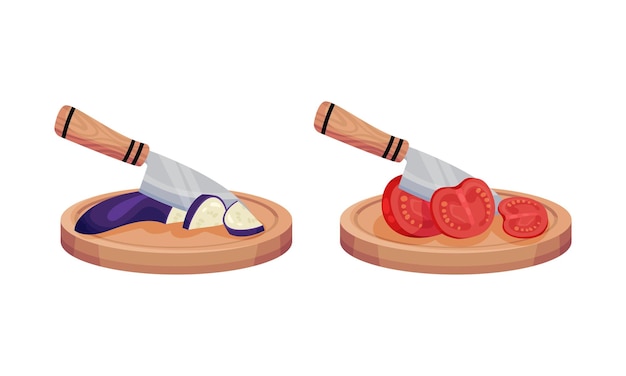 Cuchillo de cocina para cortar verduras crudas en un conjunto vectorial de tabla de cortar de madera
