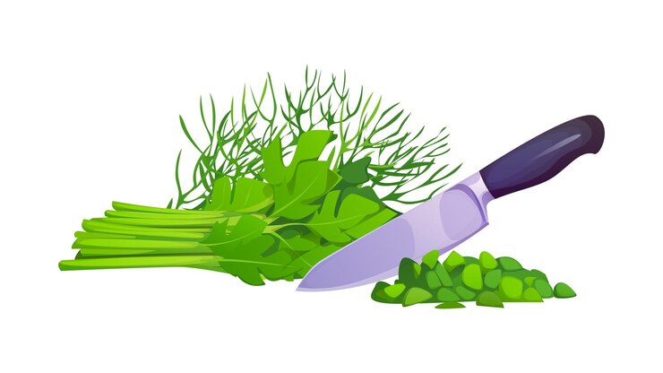 Vector cuchillo cortando un paquete de hierbas frescas en la cocina