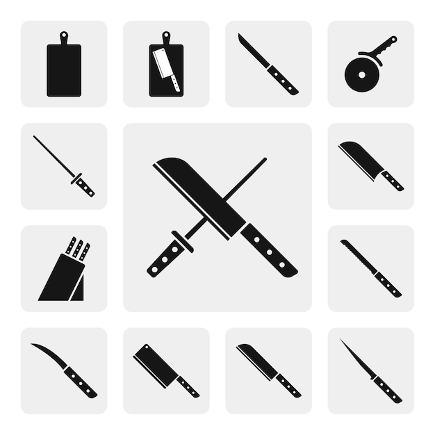 Cuchillo cruzado y afilador web plana icono signo silueta vector icono negro sólido. Conjunto de iconos de cocina