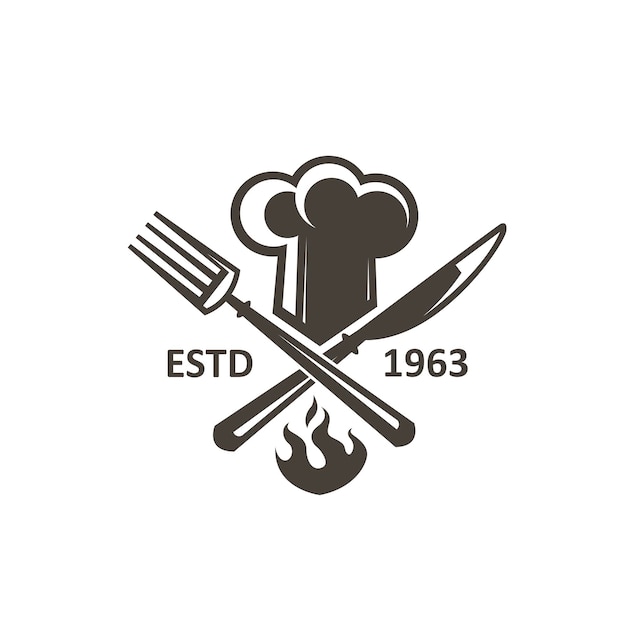 cuchillo cruzado, tenedor y sombrero de chef