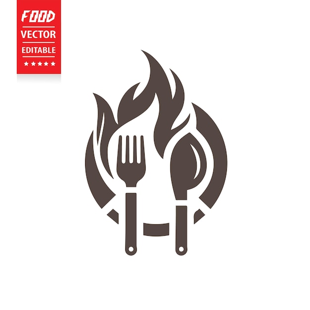 Cuchillo de cubiertos, tenedor, cuchara de fuego, icono de comida, vector del logotipo