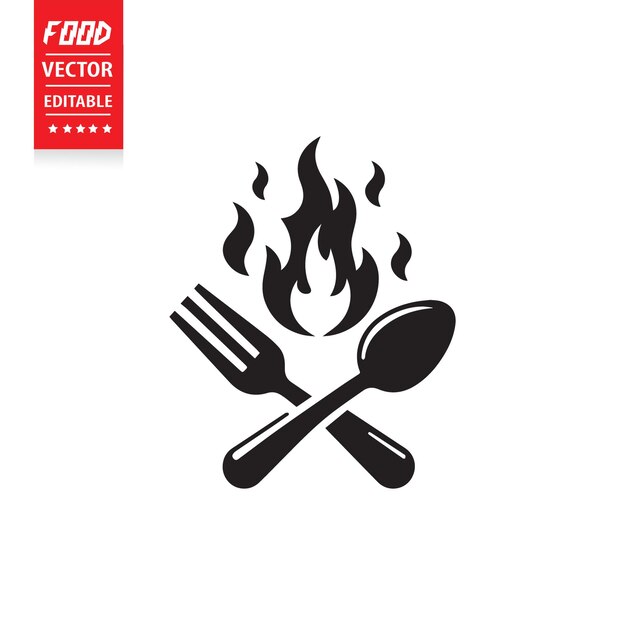 Cuchillo de cubiertos, tenedor, cuchara de fuego, icono de comida, vector del logotipo