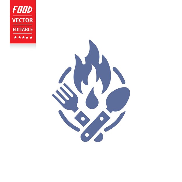 Cuchillo de cubiertos, tenedor, cuchara de fuego, icono de comida, vector del logotipo