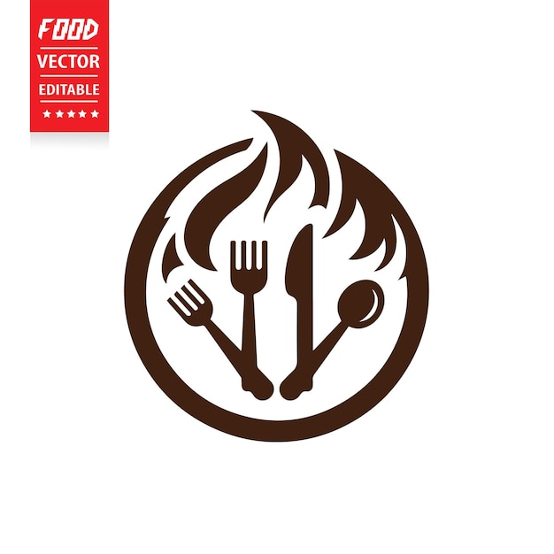 Cuchillo de cubiertos, tenedor, cuchara de fuego, icono de comida, vector del logotipo
