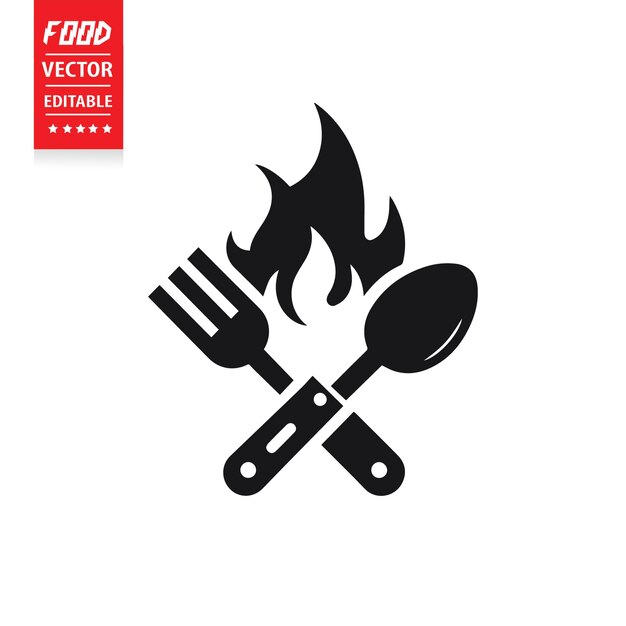 Cuchillo de cubiertos, tenedor, cuchara de fuego, icono de comida, vector del logotipo