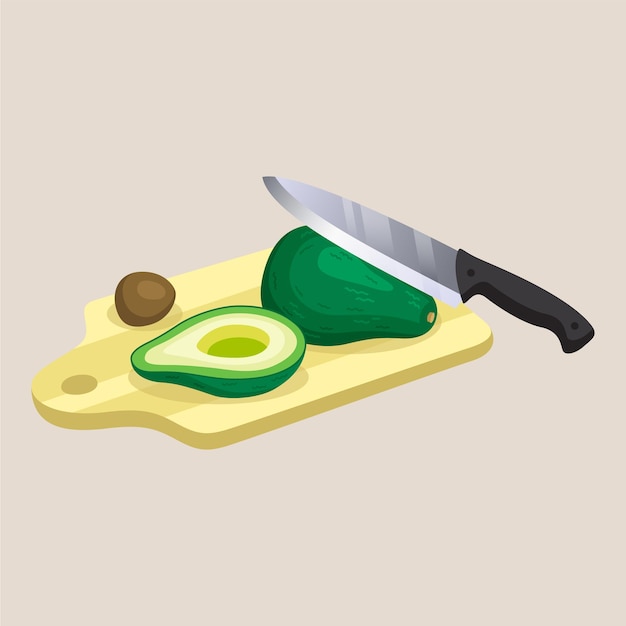 Un cuchillo está en una tabla de cortar con un cuchillo.