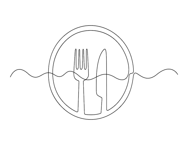 Cuchillo, horquilla, cuchara y plato Dibujo de una línea Menú de restaurante Ilustración vectorial de arte de una línea