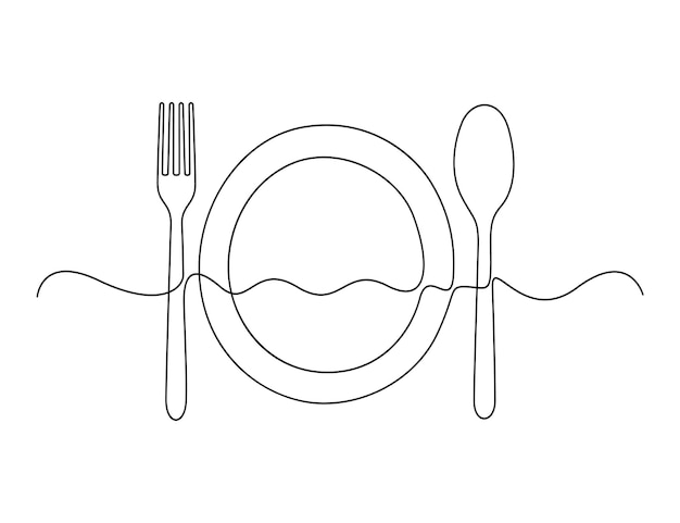 Cuchillo, horquilla, cuchara y plato Dibujo de una línea Menú de restaurante Ilustración vectorial de arte de una línea