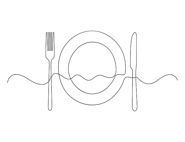 Cuchillo, horquilla, cuchara y plato Dibujo de una línea Menú de restaurante Ilustración vectorial de arte de una línea