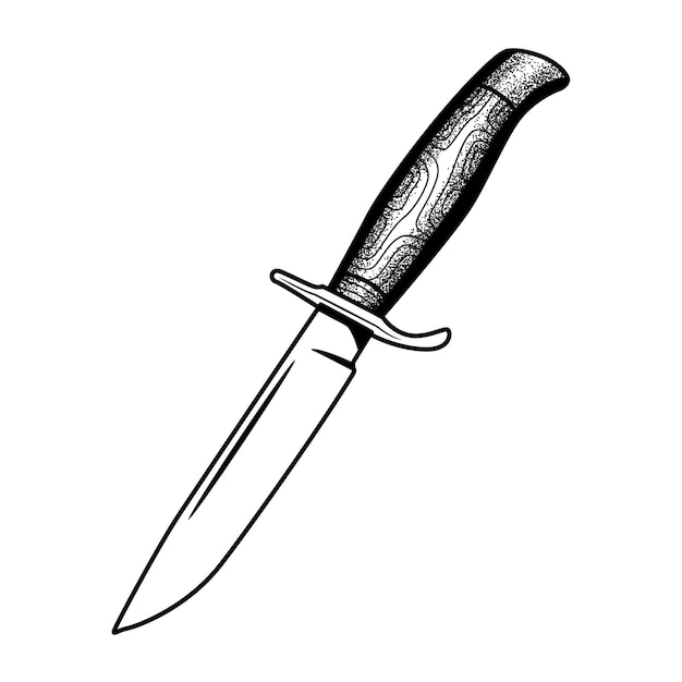 Cuchillo con mango de madera en estilo dotwork aislado sobre fondo blanco.