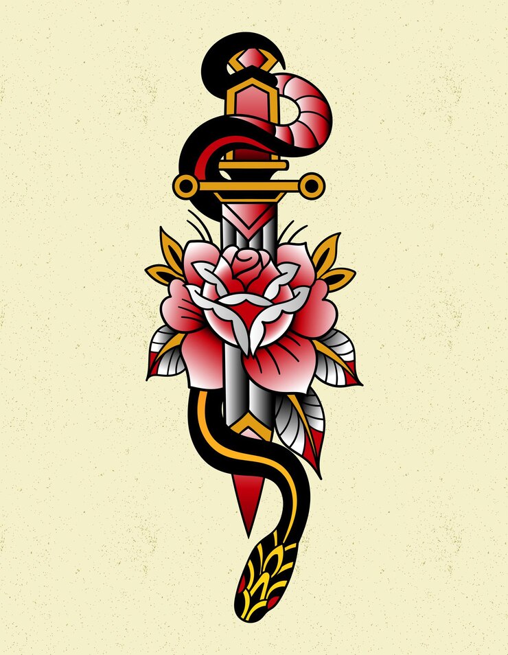 Vector cuchillo serpiente tatuaje tradicional