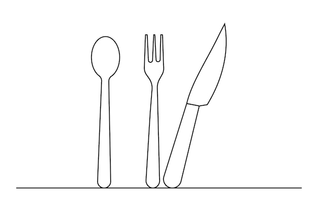 Cuchillo y tenedor dibujo continuo de una línea y icono vectorial aislado del contorno del día mundial de la alimentación