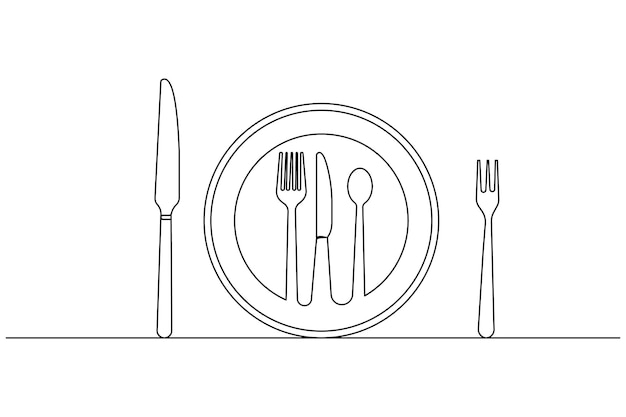 Cuchillo y tenedor dibujo continuo de una línea y icono vectorial aislado del contorno del día mundial de la alimentación