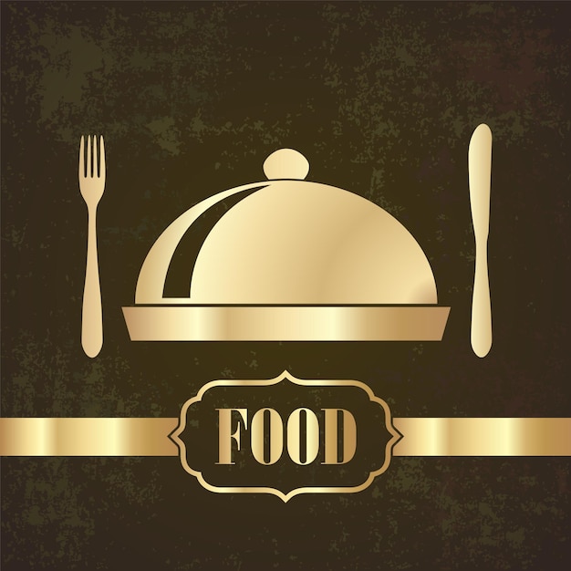 el cuchillo de tenedor dorado y el símbolo de la campana en el fondo grunge ilustración vectorial del tema del restaurante