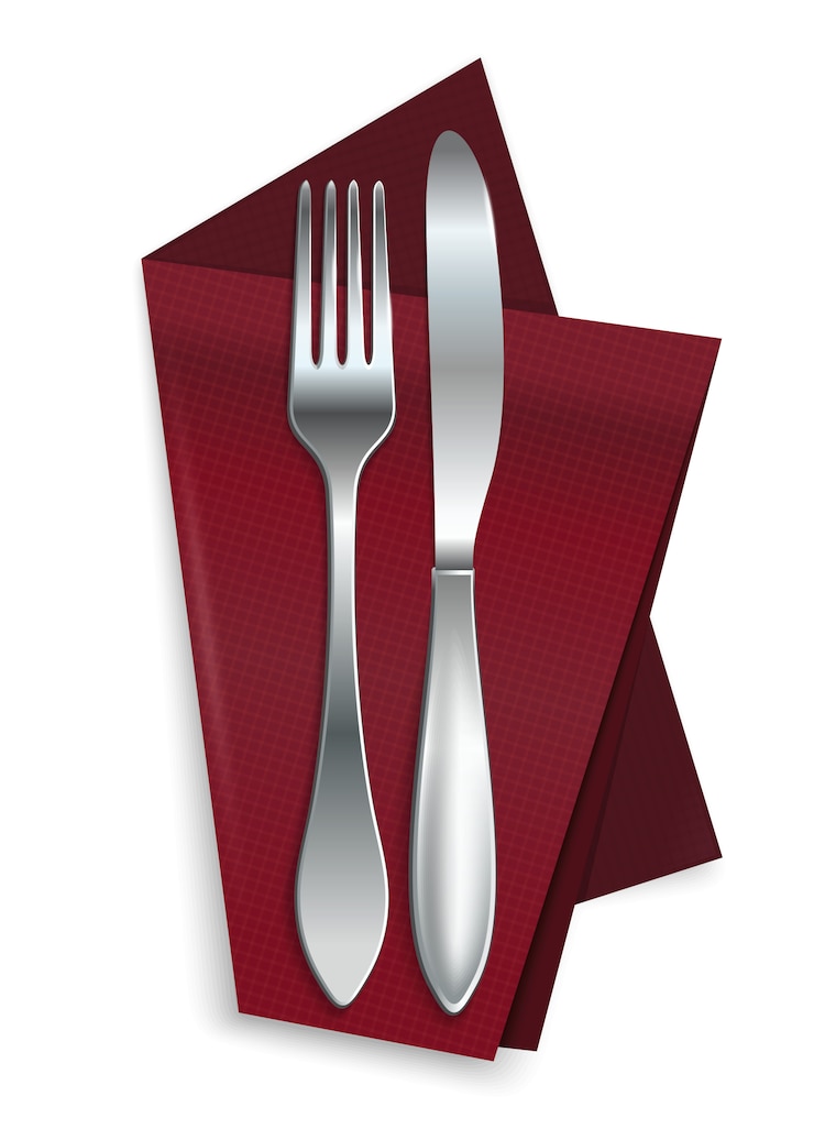Vector cuchillo con tenedor sobre una servilleta roja aislada sobre fondo blanco. cubiertos en una servilleta a cuadros rojos. realista