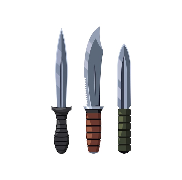 Cuchillos de cazador con diferentes formas de cuchilla de acero y mangos para la representación en la caza de campamento