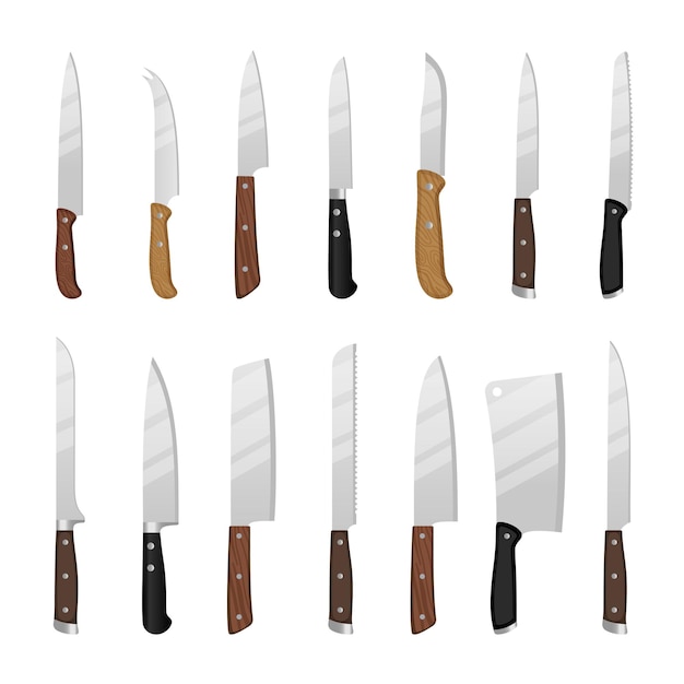 Vector cuchillos de cocina de dibujos animados. conjunto de cuchillo de dibujo de cocinero chef aislado, ilustración de herramientas de cuchillos de carnicero aislado en blanco