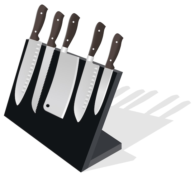 Cuchillos de cocina en un soporte magnéticoUn soporte magnético de escritorio y un juego de varios cuchillos
