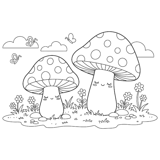 Cucos setas en un bosque de hadas Página para colorear Arte de líneas negras fáciles de setas
