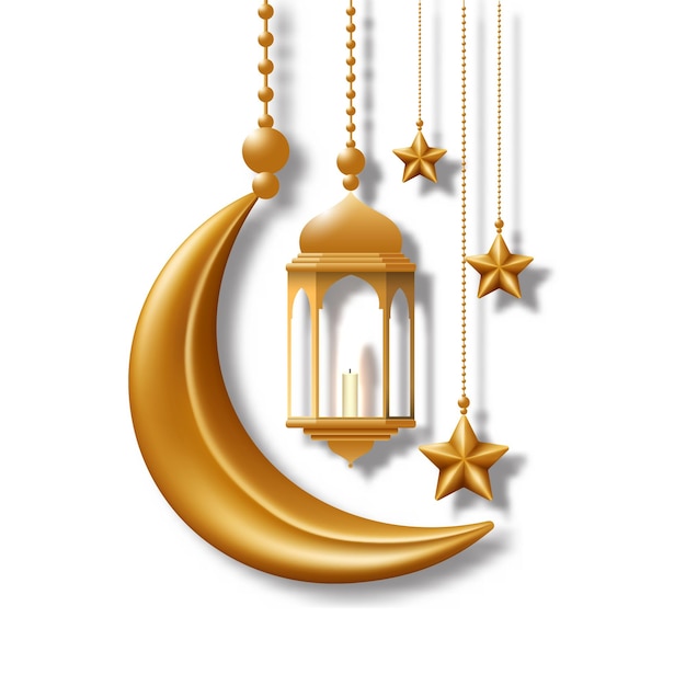 Vector se cuelgan farolillos, medias lunas y estrellas. vector 3d elemento de color dorado para las fiestas musulmanas.