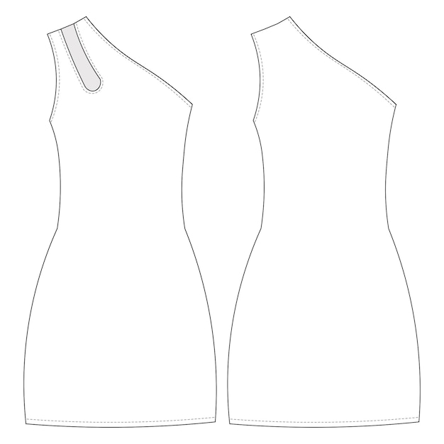 Vector el cuello asimétrico fuera del hombro un hombro vestido corto sin mangas plantilla dibujo técnico plano