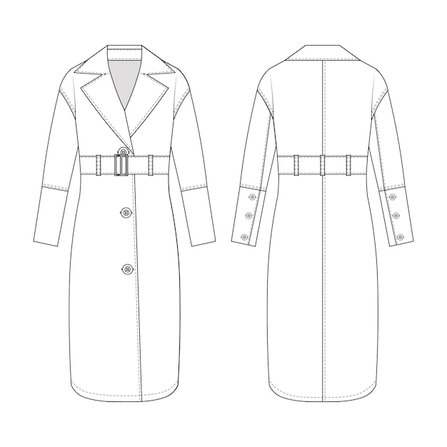 con cuello con cinturón con botones con manchetes con mangas largas chaqueta larga abrigo trenchcoat ropa exterior plantilla técnica