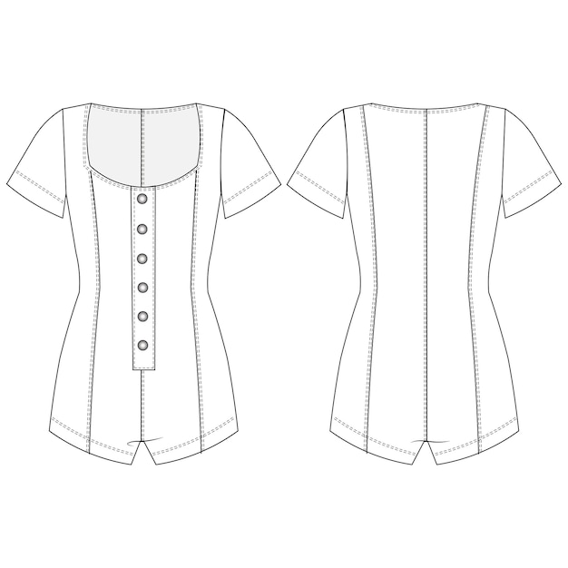 el cuello cuadrado abotonado manga corta mini jumpsuit plantilla dibujo técnico boceto plano cad moc