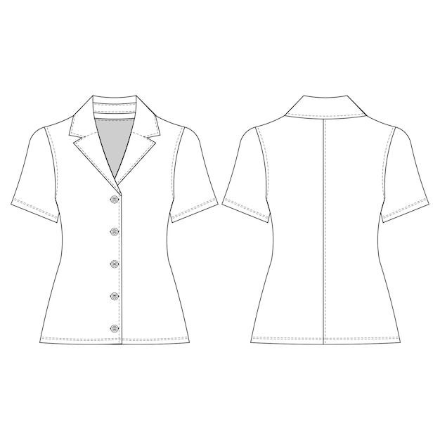con cuello, un pecho, mangas cortas abotonadas, camisa con ajuste cuerpo largo, blusa, plantilla superior, dibujo técnico