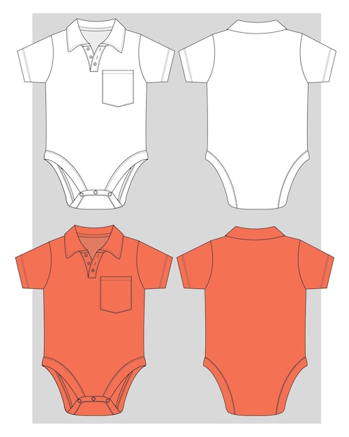 Vector cuello de polo para bebés traje de cuerpo boceto plano delantero trasero