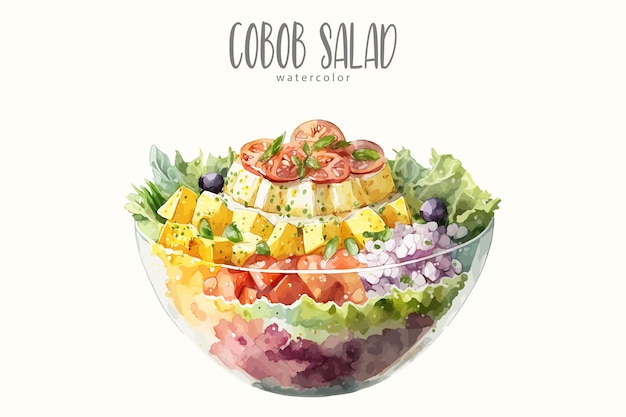 Vector cuenco de acuarela de una ensalada cobob sobre fondo blanco.