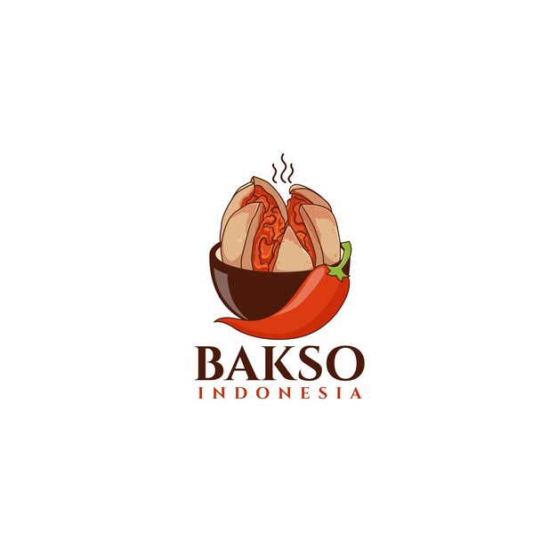 Cuenco de albóndigas indonesio Bakso y logotipo dibujado a mano con chile picante