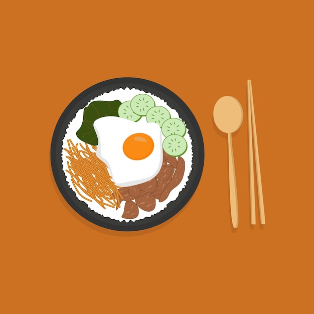 Cuenco de arroz bibimbap coreano Cuenco de arroz bibimbap coreano colorido con verduras y carne Ilustración vectorial