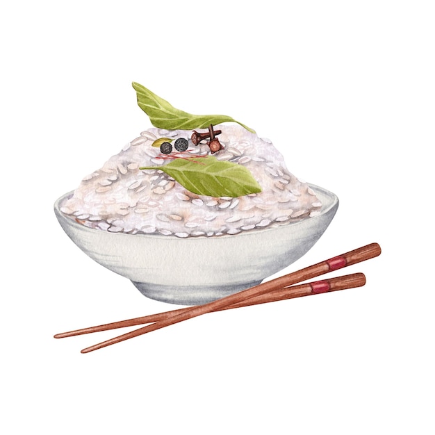 Cuenco de arroz blanco cocido con palillos de madera y especias alimenticias Ilustración de acuarela dibujada a mano aislada del fondo Para restaurantes y diseños de etiquetas de envases de menús y cultivos para llevar
