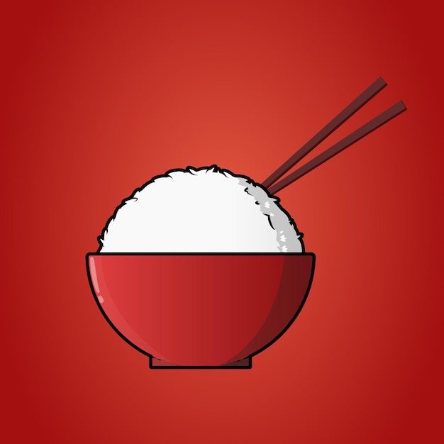 Cuenco de arroz rojo japonés fresco con ilustración de palillos