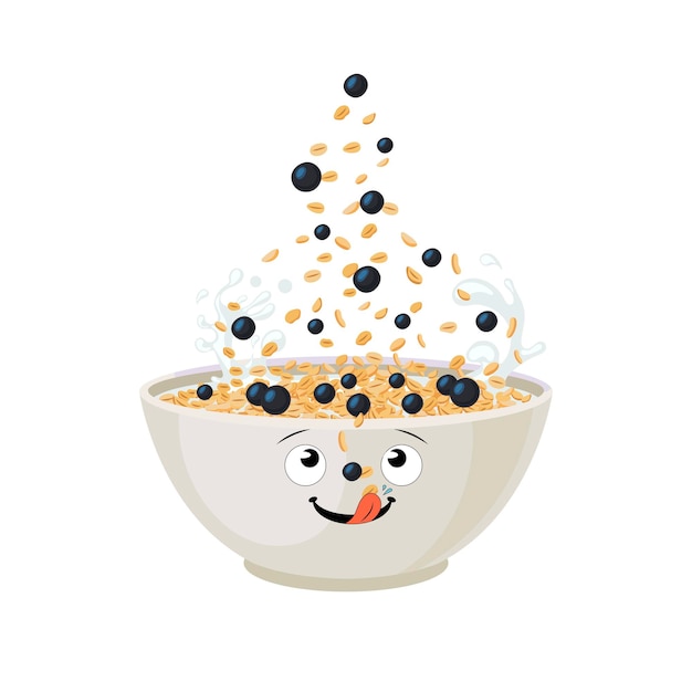 Cuenco de avena vectorial con cara graciosa aislada sobre fondo blanco Ilustración de desayuno de gachas de avena en grano Carácter de cuenco de avena que cae