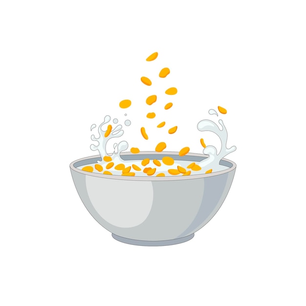 Cuenco de cereal vectorial Copos de maíz cayendo en un recipiente aislado sobre fondo blanco