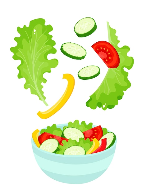 Vector cuenco de ensalada colorido. ensalada y verduras orgánicas de dibujos animados aislado