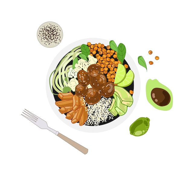 Vector cuenco de falafel con verduras, arroz, garbanzos y rodajas de camote ilustración de alimentos vectoriales