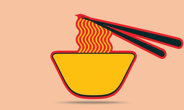 Cuenco de fideos naranja con ilustración de logotipo de palillos, icono de vector de dibujos animados de tazón de comida de fideos asiáticos