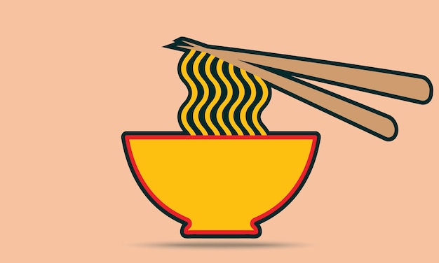 Cuenco de fideos naranja con ilustración de logotipo de palillos, icono de vector de dibujos animados de tazón de comida de fideos asiáticos