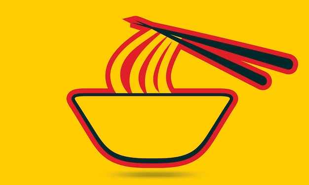 Cuenco de fideos naranja con ilustración de logotipo de palillos, icono de vector de dibujos animados de tazón de fideos de comida asiática