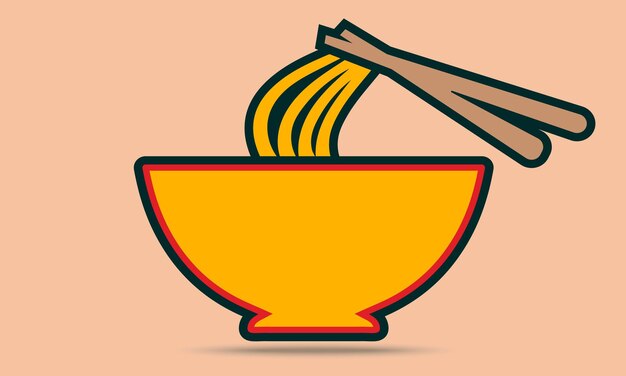 Cuenco de fideos naranja con ilustración de logotipo de palillos, icono de vector de dibujos animados de tazón de fideos de comida asiática