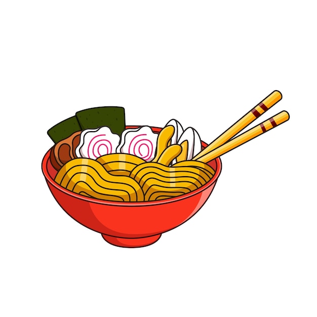 Un cuenco de fideos ramen ilustraciones de dibujos animados y palillos perfectos para blogs de comida menús de restaurantes