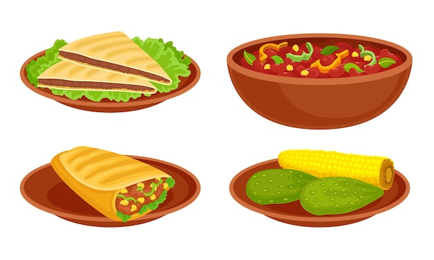 Vector cuenco con frijoles horneados y tacos o burrito set vector de alimentos