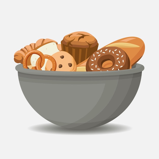 Cuenco gris lleno de productos horneados ilustración vectorial de dibujos animados Plato con diferentes productos de pastelería dulce Donut pan muffin pretzel tostadas Composición de panadería Aislado sobre fondo blanco