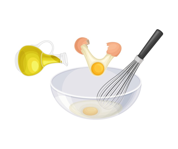 Cuenco con huevos batidos y aceite para cocinar pasta Carbonara Ilustración vectorial