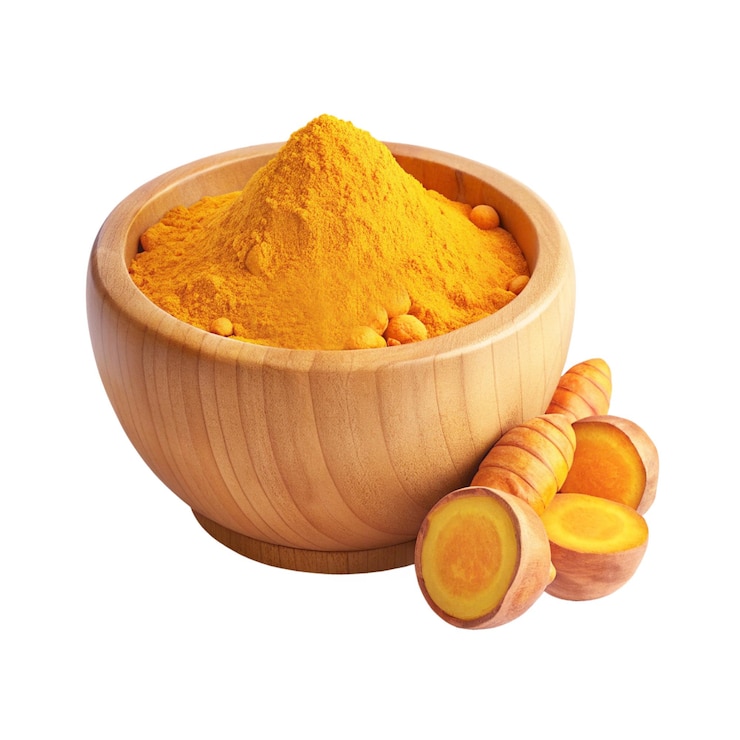Vector cuenco de madera con polvo de cúrcuma