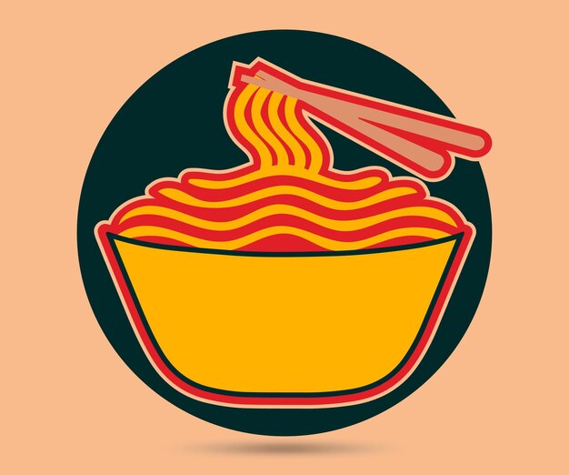 Cuenco naranja brillante con ilustración de logotipo de fideos de palillos, tazón de fideos de comida asiática en diseño plano