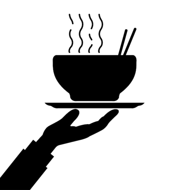 cuenco negro con ramen o fideos en la mano diseño gráfico moderno o abstracto sopa asiática elemento logotipo aislado en blanco concepto de coreano o tailandés