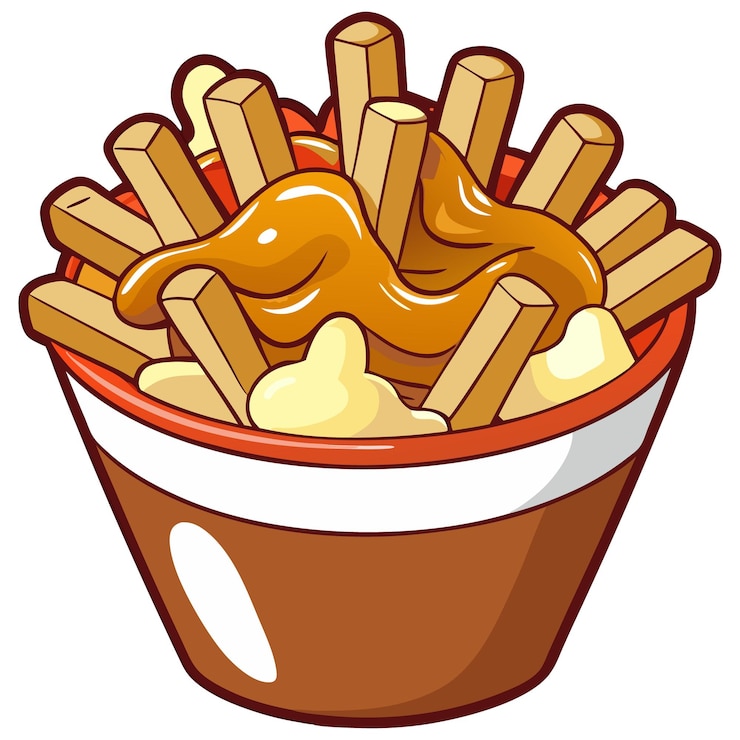 Vector un cuenco de papas fritas de poutine con salsa y queso en estilo de dibujos animados ilustración vectorial 8